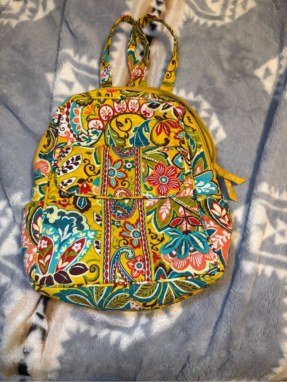 Vera Bradley Yellow Floral Quilted Mini Backpack with Teal & Red Accents